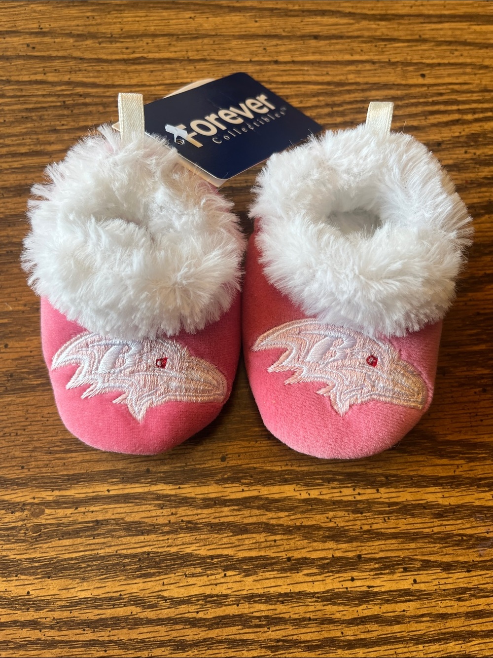 Baltimore Ravens Pink Baby Booties with White Faux Fur Trim